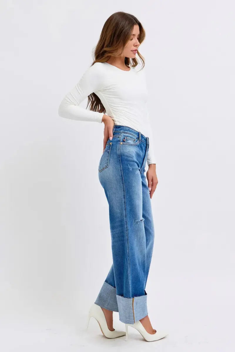 Judy Blue Full Size Distressed High Waist Wide Leg Jeans - Love Salve